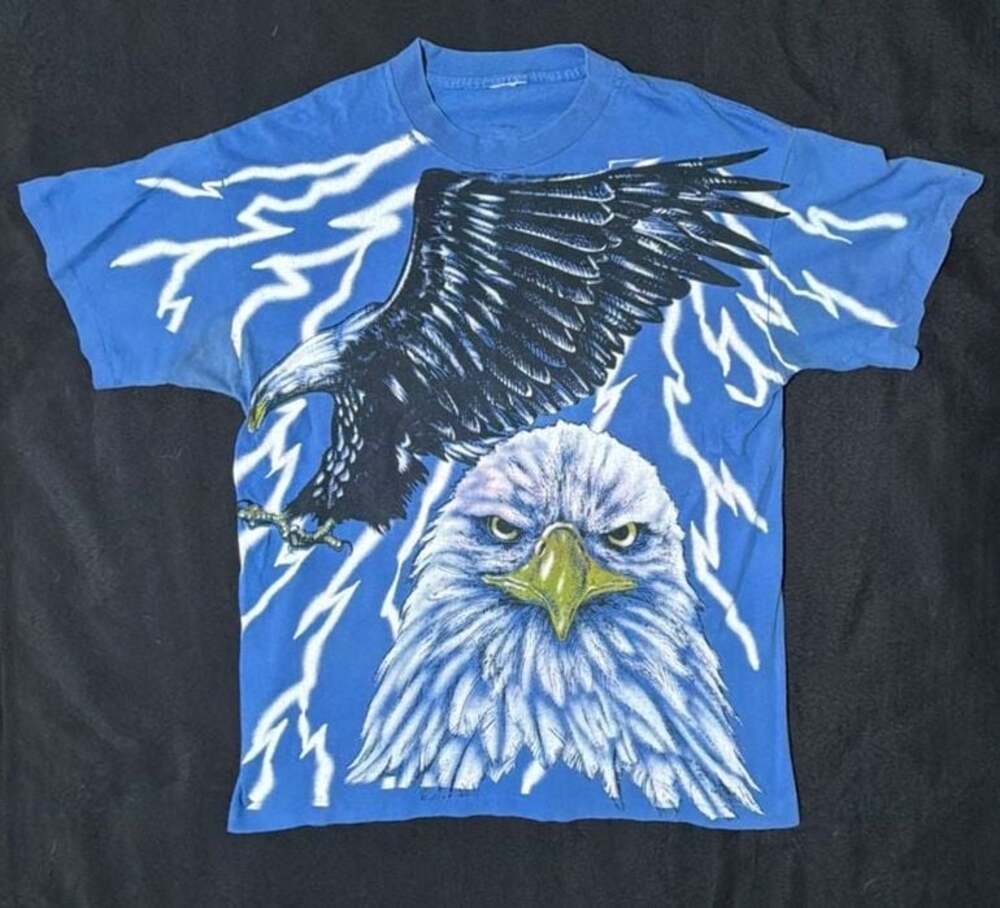 Vintage 90s Eagle Lightning All Over Print T-Shirt Blue Size L